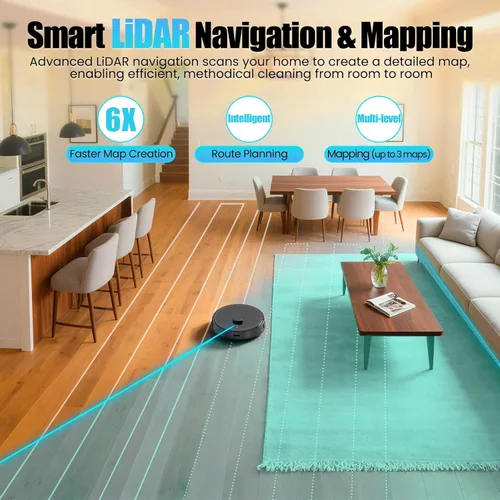Miniatura 4 de Robot aspirador y trapeador E10+, autovaciado de 75 días, succión de 8000 PA, navegación LiDAR, mapeo del hogar, aplicación y control de voz, tiempo