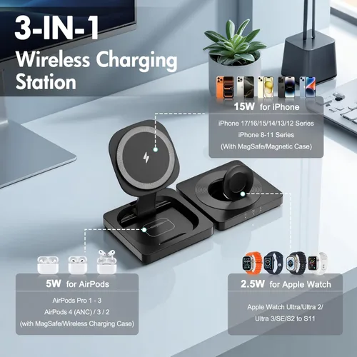 Miniatura 2 de Cargador inalámbrico magnético para iPhone: 3 en 1 para viajes 15W almohadilla de carga rápida plegable para iPhone 17 16e 16 15 14 13 12 Pro Max