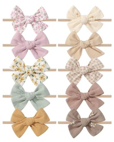 Miniatura 13 de doboi 10 diademas para bebé, lazos para el cabello, de nailon, algodón, lino, hechas a mano, accesorios para el cabello para recién nacidos, niñas