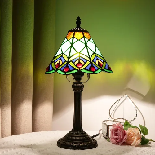 Miniatura 2 de Lámpara de mesa pequeña Tiffany verde de vidrio teñido con cola de pavo real para dormitorio, estilo retro, decoración única, linda y divertida