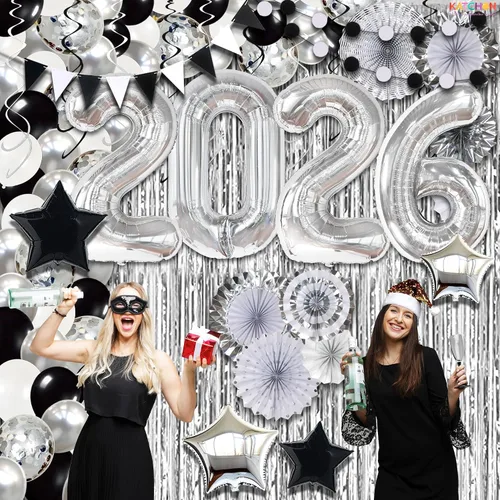 Miniatura 9 de KatchOn, Enormes suministros para fiesta de Nochevieja 2026 – Paquete enorme de 154 Telón de fondo de flecos plateados Globos 2026 Globos