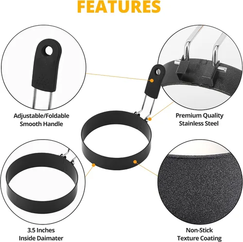Miniatura 3 de Anillos de huevo de 3.5 pulgadas para freír huevos y magdalenas inglesas, anillos de huevo de acero inoxidable con mango plegable, paquete de 2