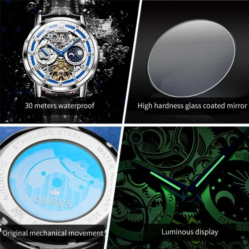 Miniatura 6 de OLEVS Relojes automáticos para hombre, de cuerda automática, cielo estrellado, esqueleto de diamante, reloj de pulsera de lujo, impermeable, luminoso