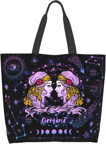 JASUTOT Bolsa de mano de constelación de lona grande con signo del zodiaco, astrología, para gimnasio, playa, fin de semana, viajes, compras