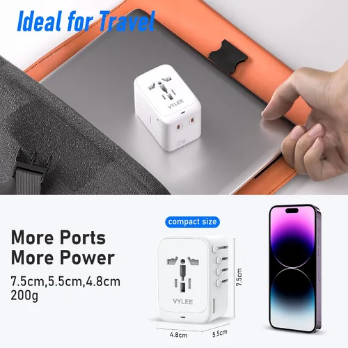 Miniatura 7 de VYLEE Adaptador de enchufe de viaje, cargador de viaje rápido GaN de 65W, adaptador de enchufe internacional con 3 USB-C PD y 1 USB-A QC con Blanco