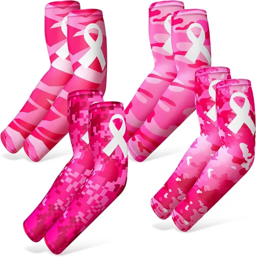 Miniatura 8 de Geyoga 4 pares de mangas de concientización sobre el cáncer de mama, mangas de compresión de enfriamiento con cinta rosa, protección UV