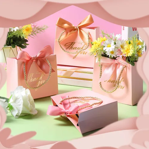 Miniatura 6 de Colarr 120 bolsas pequeñas de regalo de agradecimiento, mini bolsas para dulces con asas y cinta de lazo para bodas, cumpleaños, baby shower, Rosa