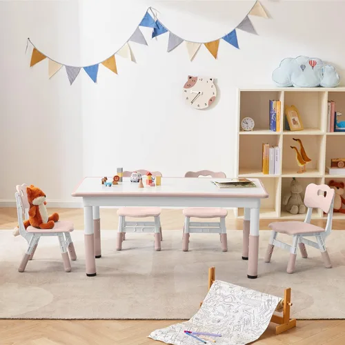 Miniatura 8 de Juego de mesa y 4 sillas para niños, escritorio de estudio para niños, mesa de comedor, escritorio de plástico ajustable en altura ajustable, Grano