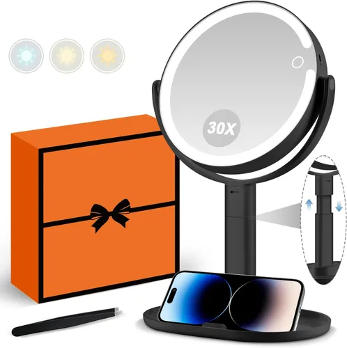 MIYADIVA Espejo de maquillaje con luces, espejo de aumento 30X con luz e interruptor táctil, espejo de tocador con luz de 3 colores y 80 LED, espejo