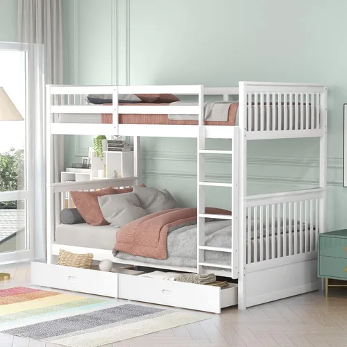 Miniatura 16 de Harper&Bright Designs - Litera individual sobre individual con barandilla de seguridad, escalera, cama nido individual con 3 cajones para niños