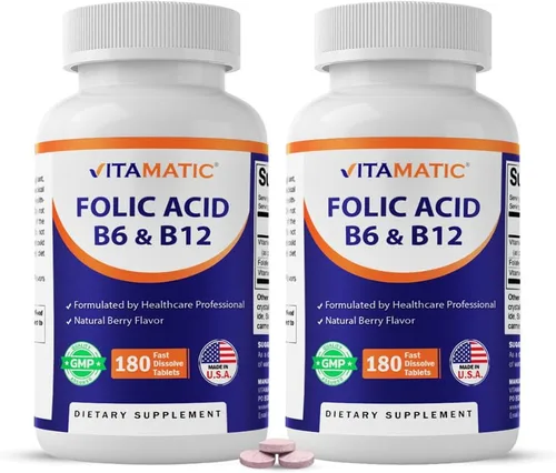 Vitamatic Paquete de 2 tabletas de ácido fólico, vitamina B12 y B6 – 180 tabletas de disolución rápida para la salud del corazón, producción de