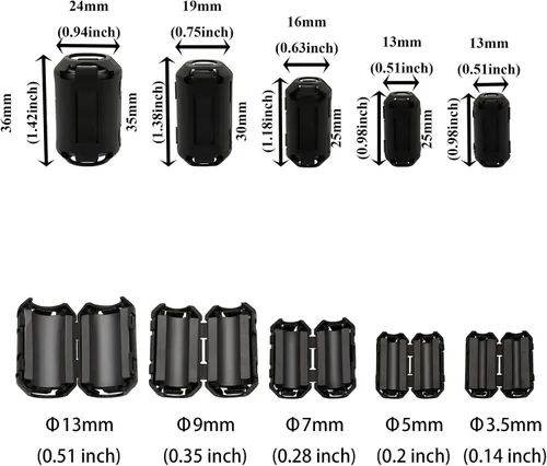 Miniatura 2 de 30 piezas de clip de núcleo de anillo de ferrita RFI EMI supresor de ruido clip para teléfonos de 0.138 in/0.197 in/0.276 in/0.354 in/0.512 in