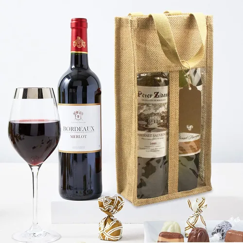 Miniatura 6 de 1 paquete de bolsas de regalo de vino de arpillera con dos ventanas, doble ventana, dos botellas, bolsa de yute de arpillera para botellas de vino