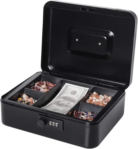 Miniatura 7 de Caja de efectivo con cerradura de combinación, caja de dinero de metal para efectivo, caja de bloqueo Lovndi con bandeja de dinero, 9.84 x 7.87 x