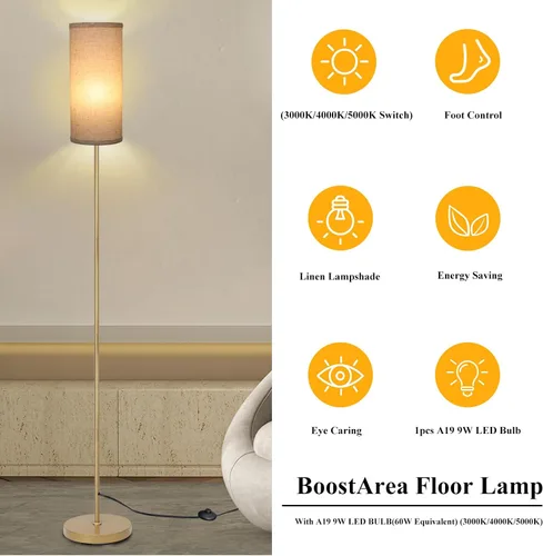 Miniatura 2 de Boostarea - Lámpara de pie para sala de estar con bombilla de 3 temperaturas de color, lámparas de pie industriales, lámpara alta clásica dorada