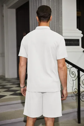 Miniatura 54 de COOFANDY Conjunto de camisa polo y pantalones cortos de punto gofre para hombre, conjunto de 2 piezas, traje de verano casual con bolsillos