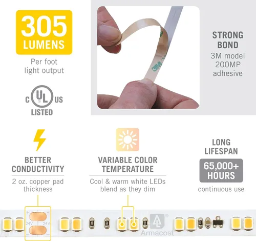 Miniatura 4 de Armacost Lighting RibbonFlex Pro 185250 - Cinta de luz LED blanca de 24 V, atenuada a cálida, 32 pies (32.8 ft)
