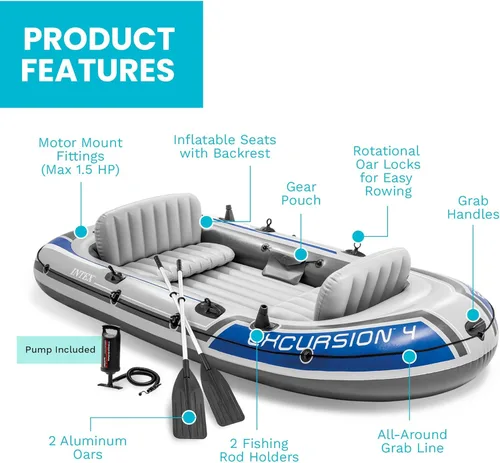 Miniatura 5 de Intex Excursion 4, 4-person Inflatable Boat Set con remos de aluminio y bomba de aire de alta (último modelo)