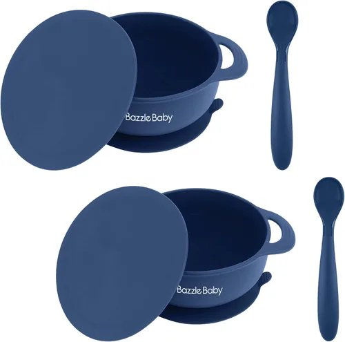 Miniatura 2 de Bazzle Baby Tazones de succión de silicona con tapa de succión y cuchara Juego de 3 piezas Silicona libre de BPA Perfecto para 4-36 meses.