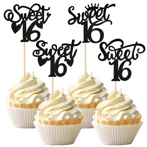 Miniatura 8 de 1 pieza de decoración de pastel de 16 años con purpurina de luna y estrella de luna feliz 16 cumpleaños, decoración para tartas de cumpleaños de 16