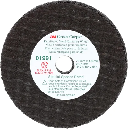 3M Green Corps - Muela abrasiva de soldadura reforzada 01991, 3 pulgadas, .22 x 3/8 pulgadas, paquete de 5 unidades, resistente, unida a resina,