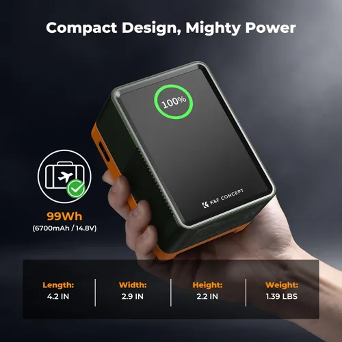 Miniatura 6 de K&F CONCEPT Batería de Montaje en V de 99Wh con Carga Rápida PD100W 14.8V/6700mAh Mini Batería de Montaje en V con D-Tap, DC, USB-C Dual, USB-A