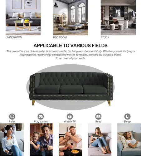 Miniatura 7 de Sofá moderno Chesterfield de terciopelo de 58 pulgadas, respaldos tapizados con brazos de cabeza de clavo, sofá biplaza para sala de estar