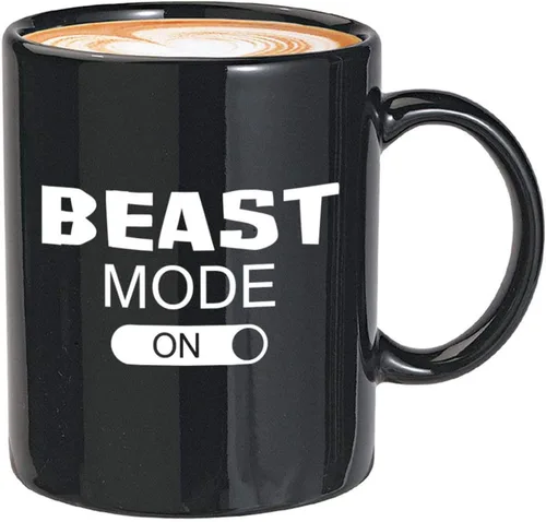 Taza de café de gimnasio de 11 onzas, color negro, modo bestia encendido, refranes motivacionales para entrenamiento, fitness, ejercicio, deportes,