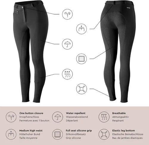 Miniatura 12 de HORZE Active - Pantalones de asiento completo con agarre de silicona para mujer Cintura de tiro medio con bolsillo frontal