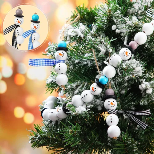 Miniatura 2 de 180 piezas de cuentas de madera de muñeco de nieve de Navidad con estampado de tartán de búfalo de Navidad, cuentas de madera redondas de invierno