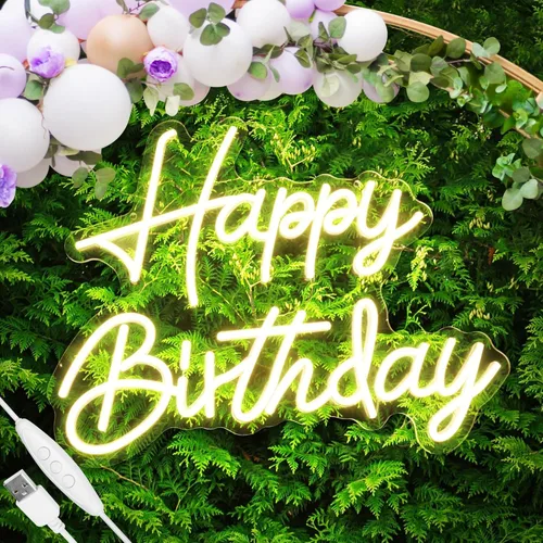 Letrero de neón de feliz cumpleaños, luz regulable, funciona con USB, lindo letrero de neón blanco cálido para colgar en la pared de fondo,