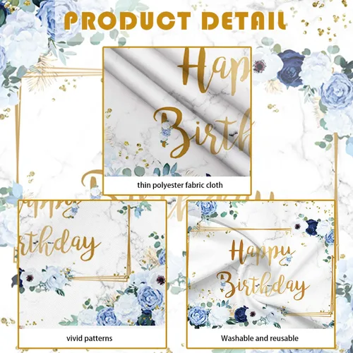 Miniatura 7 de MEHOFOND Telón de fondo de feliz cumpleaños de 7 x 5 pies, flores azules y blancas, fondo de fotografía de cumpleaños para niñas, puntos geométricos