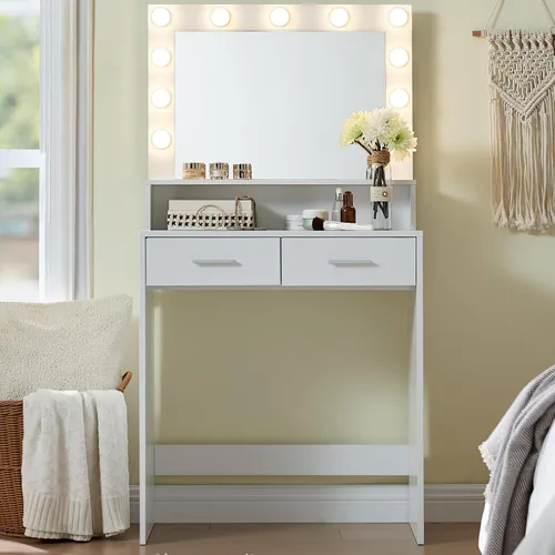 MIRROTOWEL Escritorio de tocador con espejo y luces, tocador con cajón grande, cómoda de almacenamiento de 2 niveles y 3 modos de iluminación de