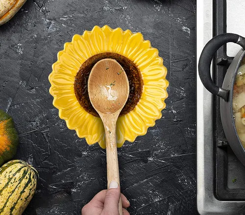 Miniatura 5 de Soporte de cuchara de cerámica en forma de girasol - 2 piezas para estufa y mostrador