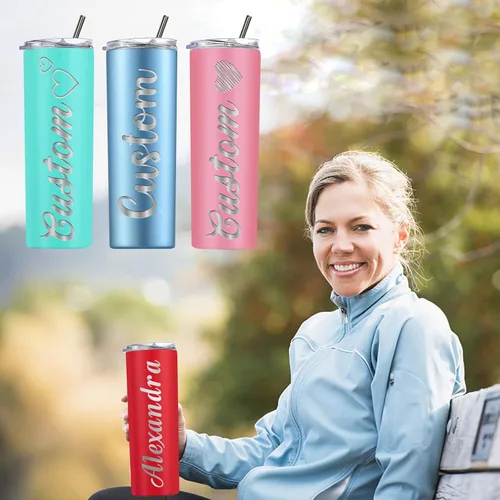 Miniatura 5 de Vasos delgados personalizados con tapas y pajitas, vaso delgado de acero inoxidable grabado con láser, vasos personalizados con nombre de 20 onzas