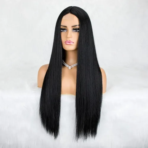Miniatura 8 de BYRON Peluca negra natural para mujer, pelucas largas y lacias, peluca de encaje frontal con raya en medio, peluca de cabello Remy suave y sedoso