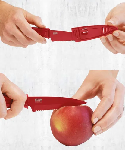 Miniatura 3 de Kuhn Rikon COLORI Cuchillo de pelar dentado antiadherente con funda de seguridad, hoja de 4 pulgadas, color rojo