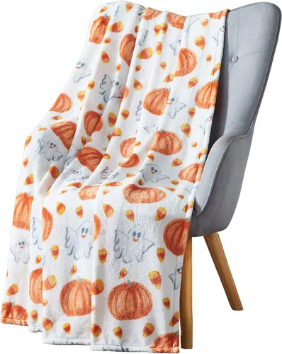 Miniatura 19 de Manta de Halloween: Jack O Lantern, calabazas, fantasmas blancos y telarañas en suave forro polar de terciopelo negro para sofá, sillas y cama Ghost