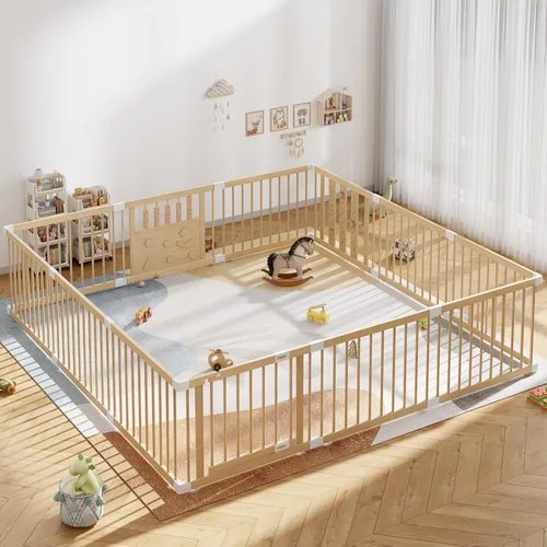 Miniatura 5 de Corralito de madera para bebés, 2 paneles separados, corralito grande para bebés y niños pequeños, centro de actividades plegable para interiores