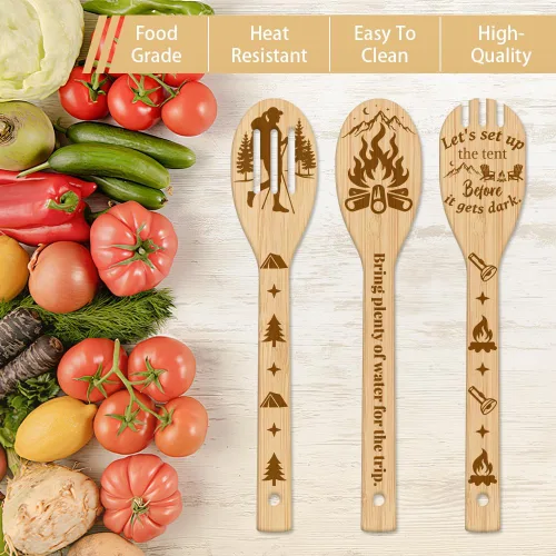 Miniatura 4 de GLOBLELAND Juego de 6 cucharas de cocina de bambú para acampar, juego de cucharas de cocina grabadas de madera, espátula de bambú para mujeres