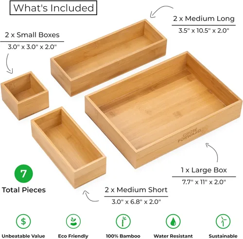 Miniatura 3 de Grow Forward Cajas Organizadoras de Cajones de Bambú - Juego de 7 Organizadores de Cajones de Madera para Cocina, Baño, Oficina, Escritorio