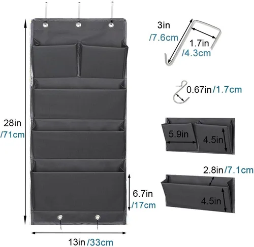 Miniatura 2 de Organizador de 5 bolsillos para colgar sobre la puerta y almacenamiento con ganchos, montaje en pared, suministros de oficina, carpetas de archivos