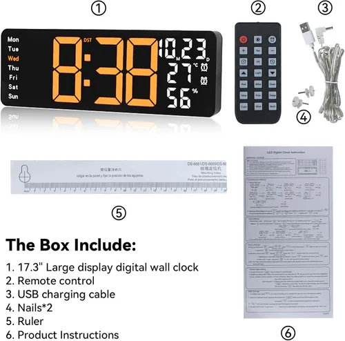 Miniatura 8 de Reloj de pared digital con pantalla grande, reloj digital de 17.3 pulgadas con control remoto a color RGB, reloj de pared grande con atenuación