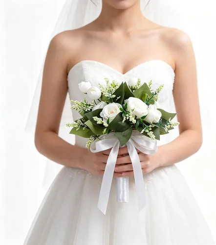 EUBUY Ramos de boda para dama de honor, rosas artificiales blancas de 10.2 pulgadas, juego de ramos de seda de la serie Forest con lazo de cinta