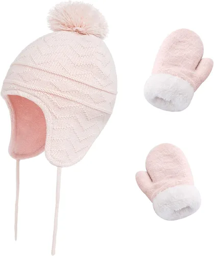 Miniatura 32 de Conjunto de guantes y gorro de invierno para niños, gorro de forro polar cálido, gorro de punto y guantes para niños y niñas