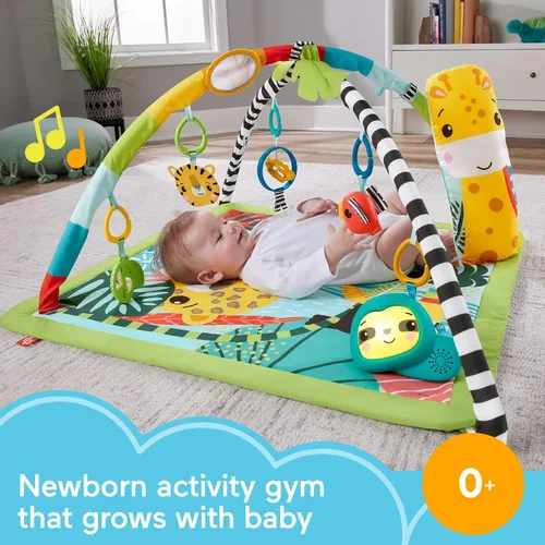 Miniatura 4 de Fisher-Price Alfombra de juego para bebé, 3 en 1, diseño de selva tropical, gimnasio sensorial con música y luces, cuña de abdomen y 5 juguetes