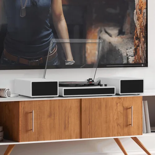 Miniatura 2 de Tocadiscos de vinilo con 2 altavoces estéreo externos, giradiscos con transmisión por correa y soporte Bluetooth, 3 velocidades, salida RCA