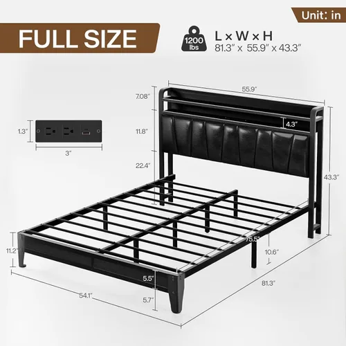 Miniatura 2 de Base de cama de tamaño matrimonial con estantes de almacenamiento de 2 niveles, marco de cama LED con cabecera de piel sintética, cama de plataforma