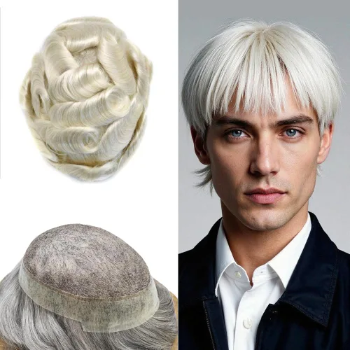 Miniatura 78 de Toupee para hombres Sistema de reemplazo de cabello humano real pieza de cabello humano para hombres encaje suizo para hombre Toupee Hair Pieces