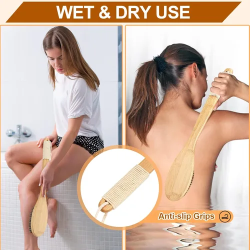 Miniatura 5 de eaxun Cepillo de ducha de bambú con mango largo curvado, exfoliante de espalda de 16.7 pulgadas con cerdas naturales para hombres y mujeres